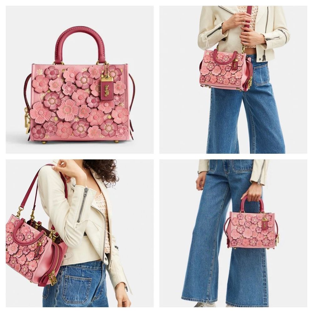 AUTHENTICATED NWT Coach Rogue 25 Colorblock w/ Tea Rose & Coach Tea Rose Studs - Picture 5 of 17